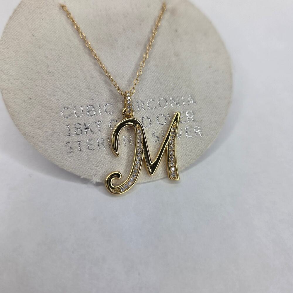 Cubic Zirconia Initial Letter M Pendant Necklace 18k Gold-Plated Sterling Silver - Picture 2 of 6